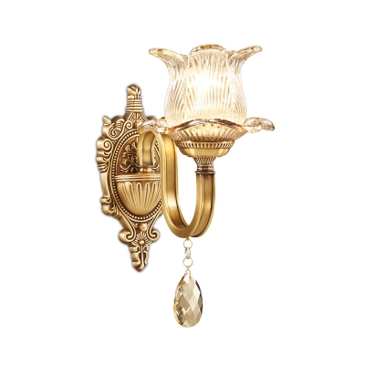 Gold Finish 1-Bulb Wall Light Fixture Antique Clear Glass Bud Shaped Sconce Lamp with Crystal Drop