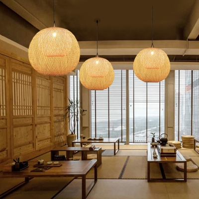 Handcrafted Ceiling Light Modern Bamboo Single Wood Hanging Pendant Light for Restaurant
