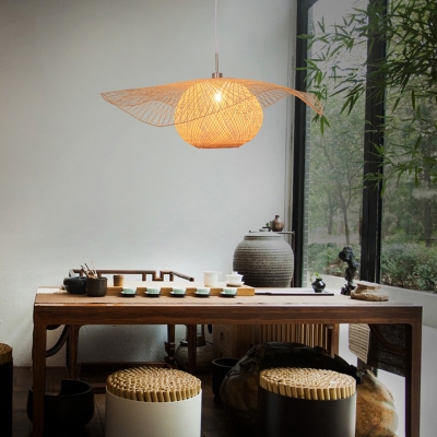 Handcrafted Restaurant Pendant Light Bamboo Single-Bulb Contemporary Suspension Light Fixture in Wood