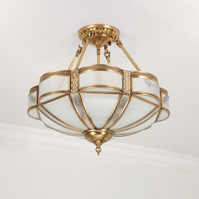 Inverted Dome Glass Panel Chandelier Pendant Light Vintage Dining Room Semi Flush Light in Gold