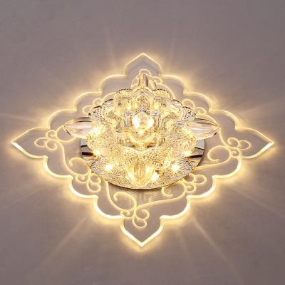 Lotus LED Flush Light Fixture Modern Clear Crystal Aisle Ceiling Mount Lamp with Floral Swirl Pattern