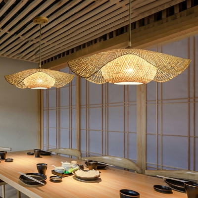 South-East Asia Ruffle Ceiling Hanging Lantern Bamboo 1 Bulb Restaurant Pendant Light in Beige