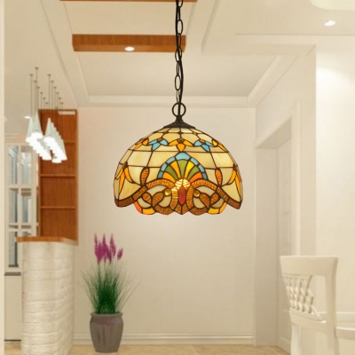 Stained Glass Floral Ceiling Lighting Tiffany Single Beige Pendant Light for Dining Room