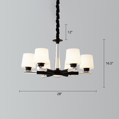 White Glass Hanging Light Minimalist Black-Chrome Radial Parlor Chandelier with Tapered Shade