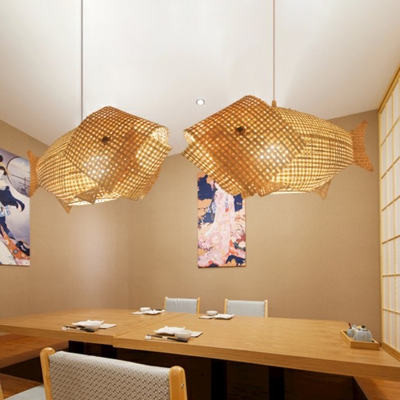 Wood Fish Shaped Pendulum Light Asia 1-Light Bamboo Hanging Light Fixture for Restaurant