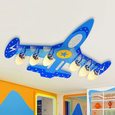 Wooden Airplane Ceiling Flush Mount Light Kids Blue Flush Light Fixture with White Glass Shade