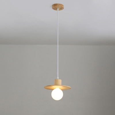 Wooden Pot Lid Pendulum Light Minimalist 1-Light Beige Down Lighting Pendant for Dining Room