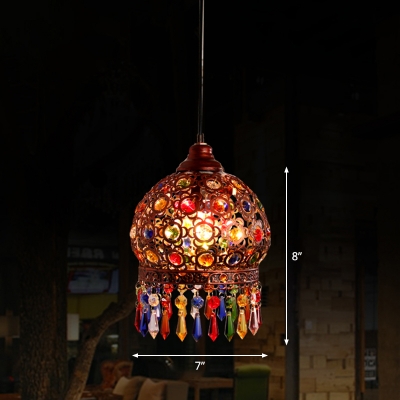 1-Light Lantern Ceiling Lamp Bohemian Copper Multicolored Crystal Hanging Pendant Light
