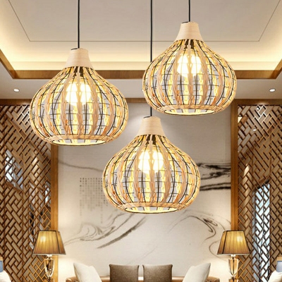 1-Light Restaurant Pendant Lighting Asian Style Wood Hanging Lamp with Woven Bamboo Shade