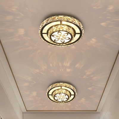 2-Tiered Round Flush Light Fixture Modern Crystal White Ceiling Flush Mount with Flower Pattern for Aisle