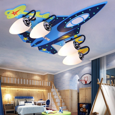 Airplane Boys Bedroom Flush Lamp Oval White Glass 4-Light Creative Ceiling Mount Light in Blue