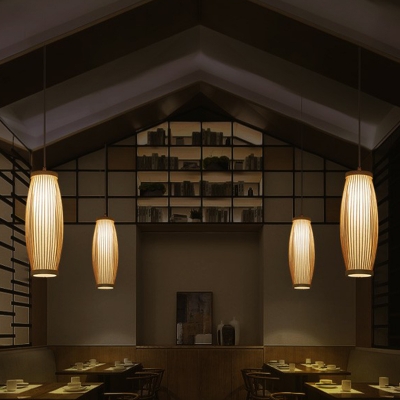 Asian 1-Light Hanging Light Wood Barrel Pendant Lighting Fixture with Bamboo Cage Shade