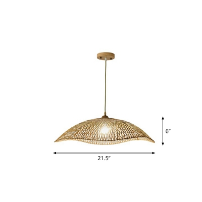 Bamboo Dome Hanging Light Asia Single-Bulb Beige Ceiling Pendant with Waveform Edge