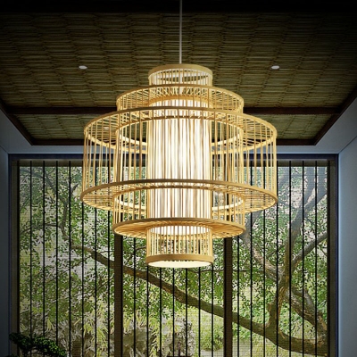 Cage Style Bamboo Hanging Light Fixture Modern 1 Light Wood Pendant Lighting for Guest Room