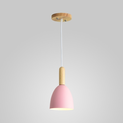 Childrens Bell Shaped Spotlight Metal Single-Bulb Dining Room Pendant Light with Wood Grip