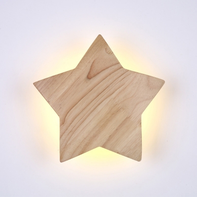 Childrens Star LED Wall Light Kit Wooden Bedroom Flush Mount Wall Sconce in Beige
