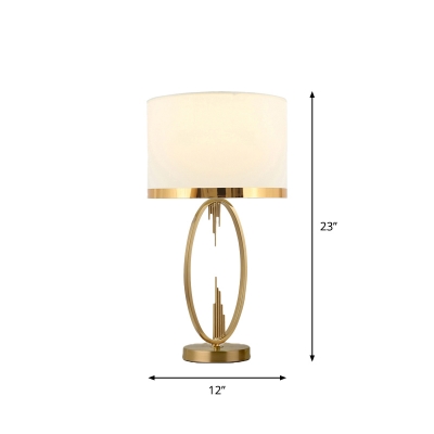 Classic Style Drum Shade Table Lamp Fabric Nightstand Lighting with Metal Base for Living Room