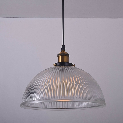 Clear Ribbed Glass Half-Sphere Suspension Lighting Retro Style 1 Head Dining Room Pendant Ceiling Light