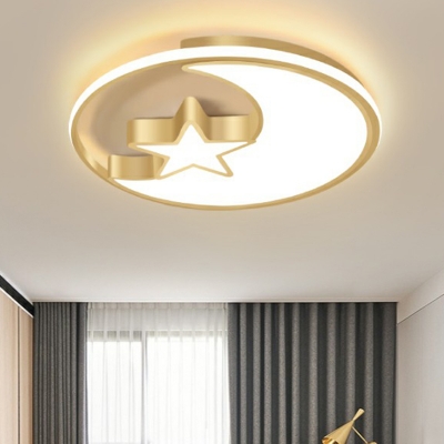 Crescent and Star Nursery LED Ceiling Fixture Acrylic Cartoon Style Flush Mount Light in Gold