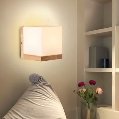 Cube Shaped Frosted White Glass Sconce Fixture Minimalism 1 Bulb Wood Wall Mounted Light