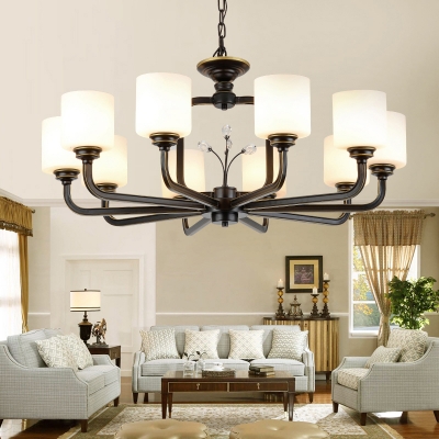 Cylindrical White Glass Ceiling Suspension Lamp Traditional Style Living Room Chandelier Light