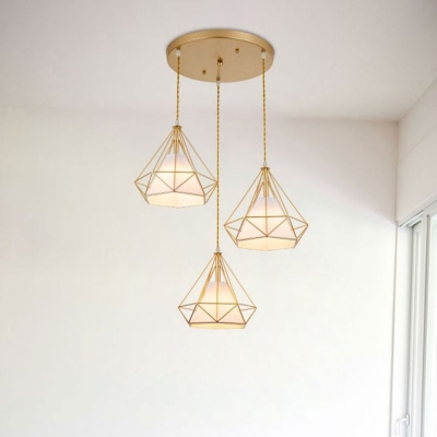 Diamond Iron Cluster Pendant Lighting Nordic 3-Light Restaurant Hanging Lamp with Inner Fabric Shade