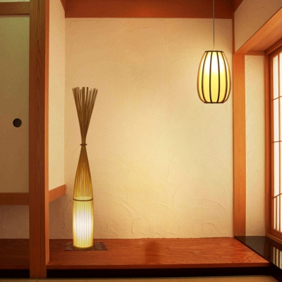Elongated Oval Bamboo Suspension Lighting Minimalist 1 Head Wood Pendant Ceiling Light