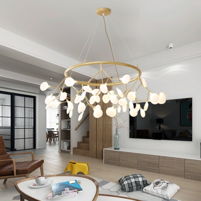 Gold Circular Chandelier Light Minimalist 45-Light Metal LED Hanging Lamp with Firefly Design