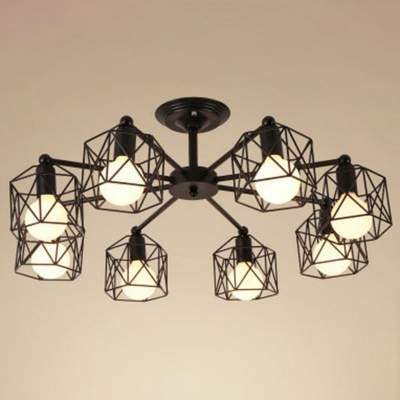 Iron Black Finish Chandelier Hexagonal Wire Cage Industrial Style Pendant Ceiling Light
