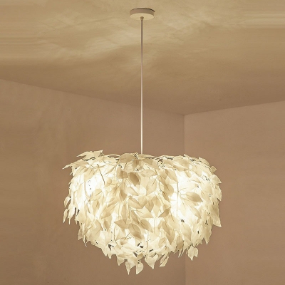 Leaf Living Room Chandelier Pendant Light Feather 4 Bulbs Simplicity Hanging Light in White