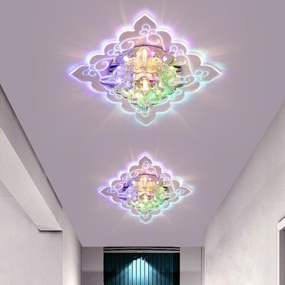 Lotus LED Flush Light Fixture Modern Clear Crystal Aisle Ceiling Mount Lamp with Floral Swirl Pattern