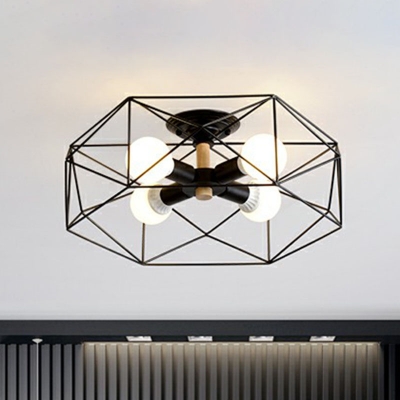 Metal Cage Polygon Semi Flush Light Industrial Living Room Close to Ceiling Lighting Fixture