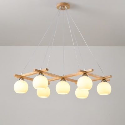 Nordic Dome Shaped Chandelier Opal Glass Living Room Ceiling Hang Light with Wood Frame