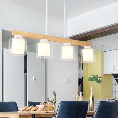 Nordic Island Lighting Wood Straight Pendant Light Fixture with Dual Glass Shade
