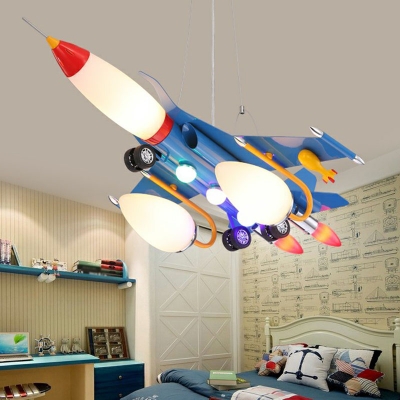 Opal Glass Spaceship Suspension Lighting Kids Style 5-Bulb Blue Chandelier Light