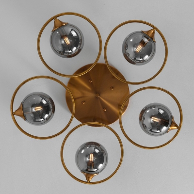 Post-Modern Ball Semi Flush Mount Glass Bedroom Ceiling Light with Metal Rings in Brass