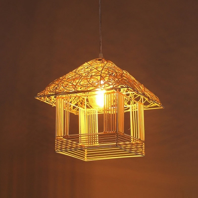 Rattan House Shaped Drop Pendant Rustic 1-Light Suspension Lighting for Restaurant