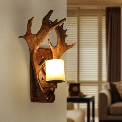 Resin Brown Wall Sconce Lighting Antler 1 Head Rustic Wall Mount Light with Cylinder Frosted Glass Shade