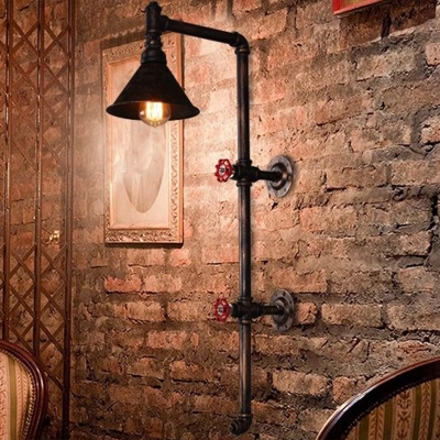 Rust Cone Shade Wall Lamp Cyberpunk Wrought Iron 1-Light Garage Wall Sconce with Bracket and Water Valve
