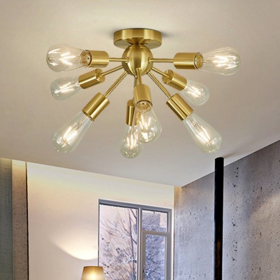 Sputnik Shape Iron Semi Flush Loft Style 8-Light Living Room Ceiling Mount Chandelier