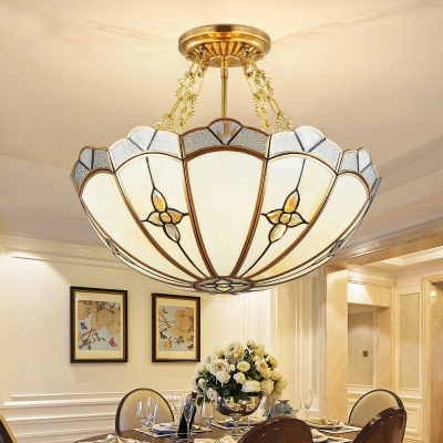 Stained Glass Bowl Chandelier Light Minimalism Living Room Semi Flush Light Fixture in Gold