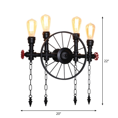 Steampunk Spoke Wheel Wall Light Kit Wrought Iron Sconce Lighting with Decorative Chain and Valve in Black