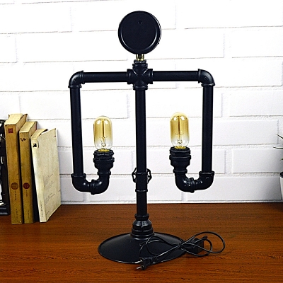Vintage Robot Shaped Nightstand Lamp 2 Heads Metallic Table Lighting with Pressure Gauge in Black