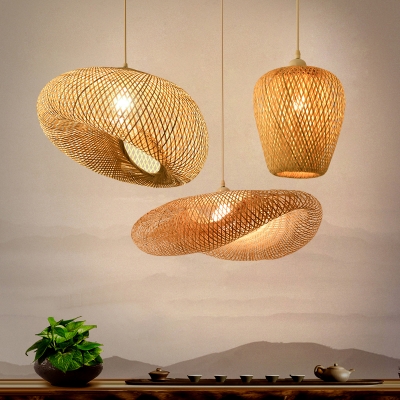 Weaving Suspension Lighting Minimalist Bamboo 1 Head Tea Room Pendant Ceiling Light in Wood