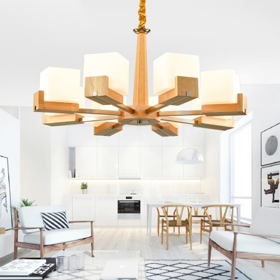 White Glass Cube Chandelier Modernist Wood Hanging Pendant Light for Living Room