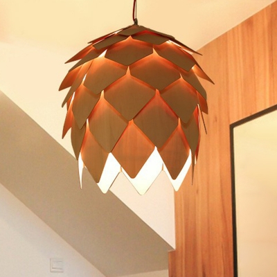 Wooden Pinecone Down Lighting Pendant Modern 1 Bulb Beige Hanging Light for Restaurant