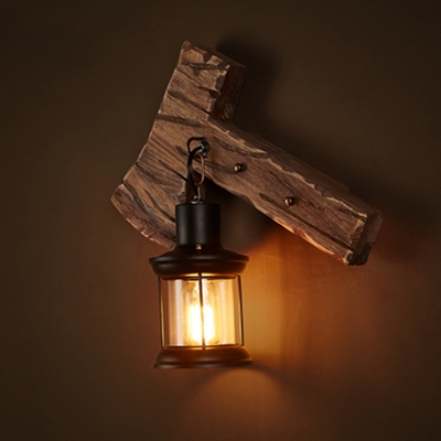 1-Light Lantern Wall Lamp Fixture Rustic Wood Clear Glass Sconce with Axe Shaped Backplate