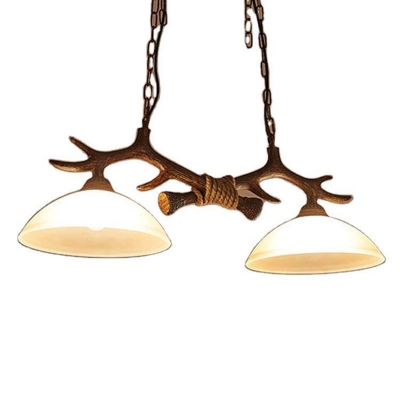 2-Light Antler Island Lighting Rustic Dark Coffee Resin Hanging Lamp with Bowl Frost Glass Shade
