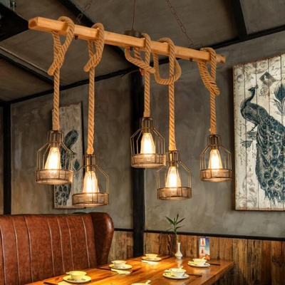 5 Bulbs Pendant Light Vintage Dangling Hemp Rope Hanging Island Light with Cage in Wood