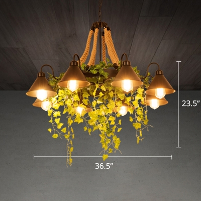 8-Light Metal Hanging Lighting Industrial Conical Restaurant Chandelier with Plant Decor